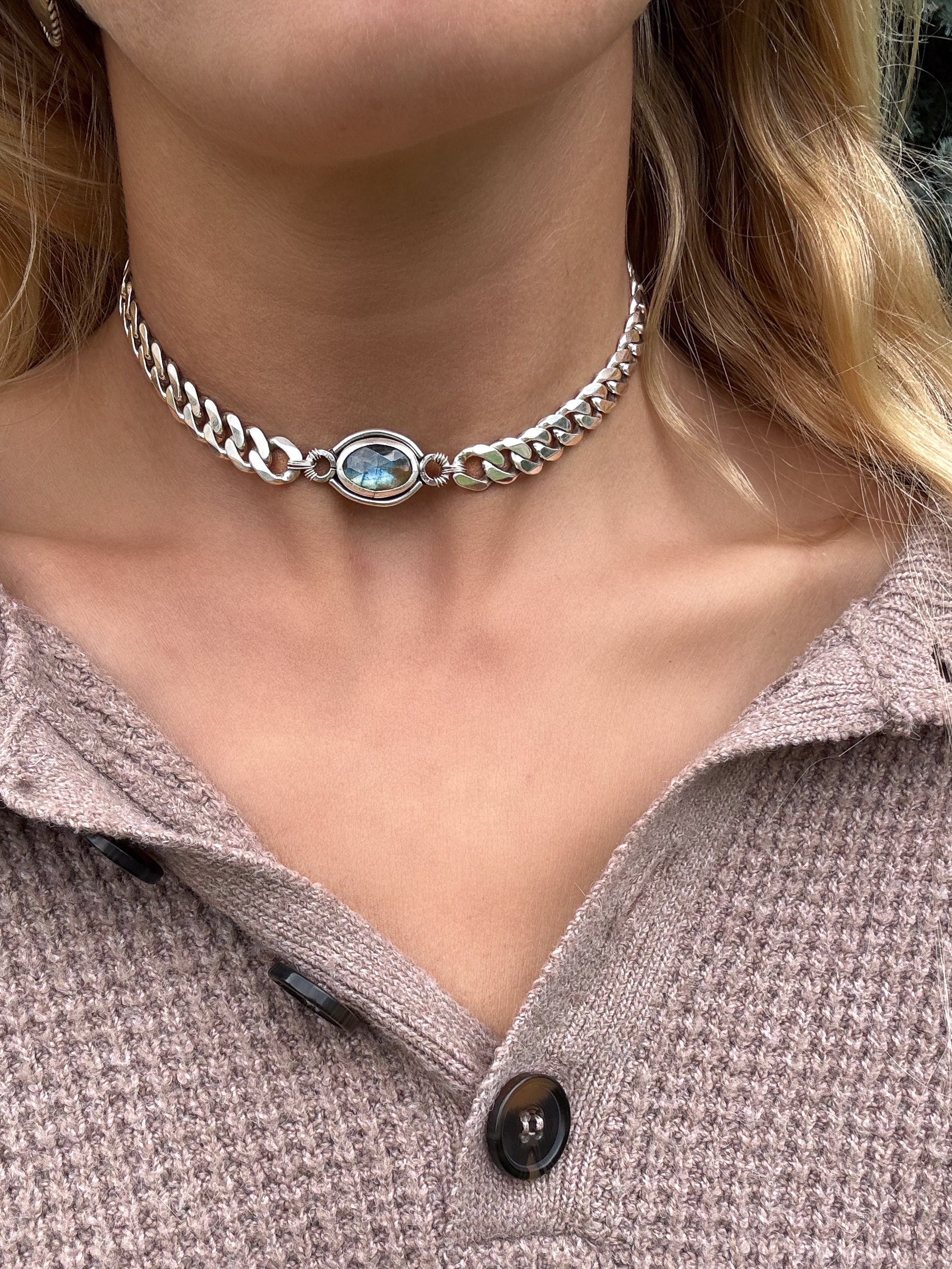 Labradorite Curb Chain Choker - Medium Thick
